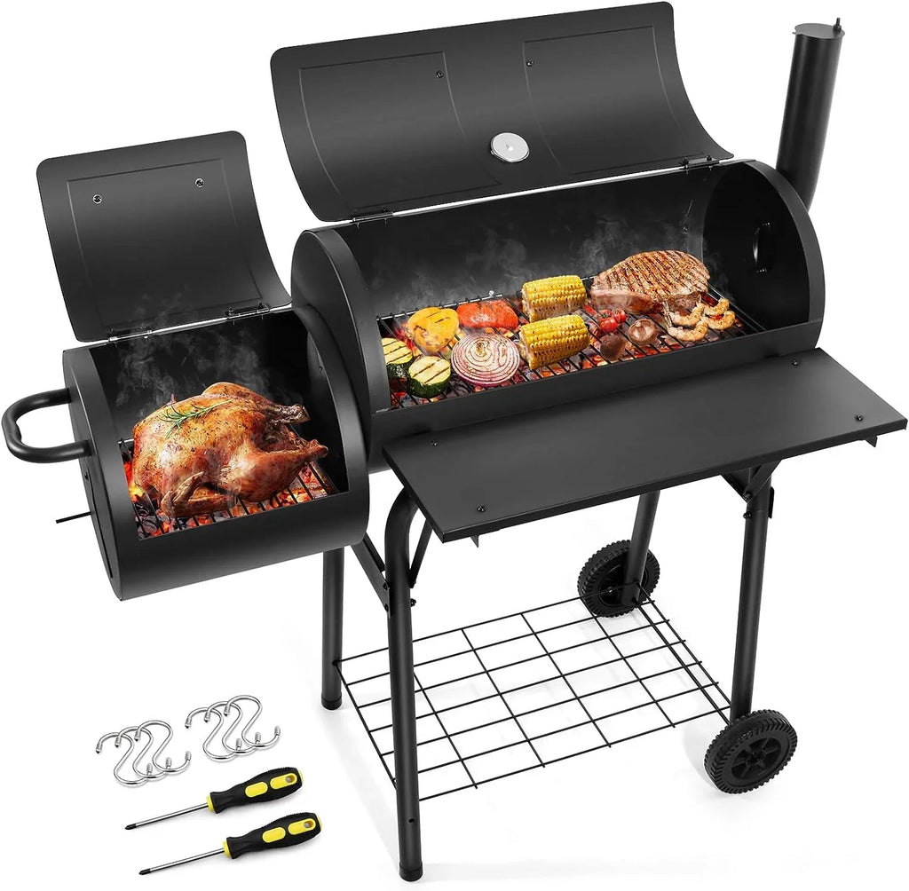 Outdoor BBQ Grill, Barrel Charcoal Grill with Offset Smoker, Camping Barbecue Grill for Patio Backyard Garden Party Picnic, Large 420.SQ.IN Cooking Area, 2 Screwdrivers & 6 Hooks - Black