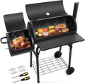 Outdoor BBQ Grill, Barrel Charcoal Grill with Offset Smoker, Camping Barbecue Grill for Patio Backyard Garden Party Picnic, Large 420.SQ.IN Cooking Area, 2 Screwdrivers & 6 Hooks - Black