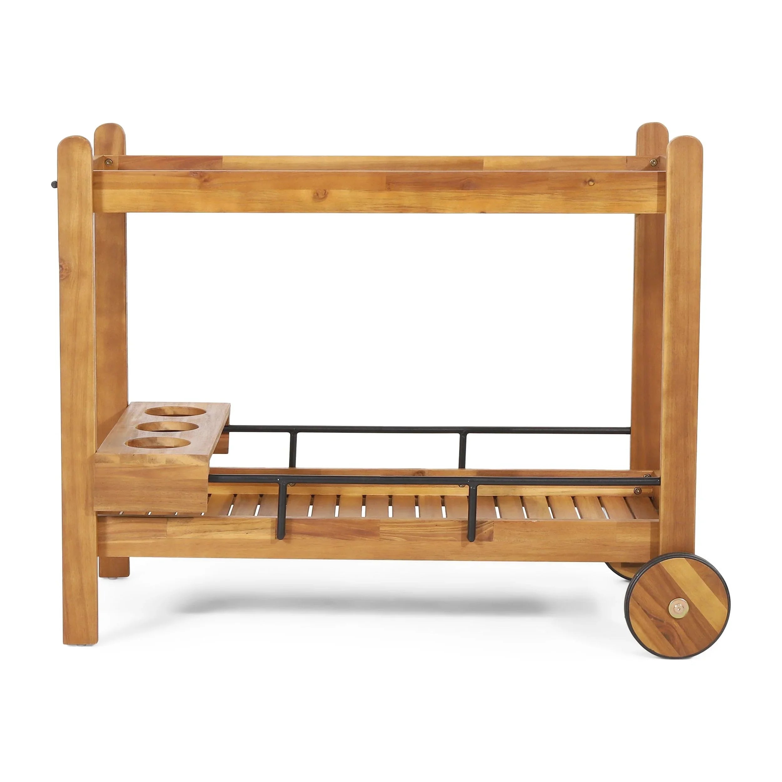 GDF Studio Bonneau Outdoor Acacia Wood 2 Tiered Bar Cart with Bottle Holders, Teak and Black