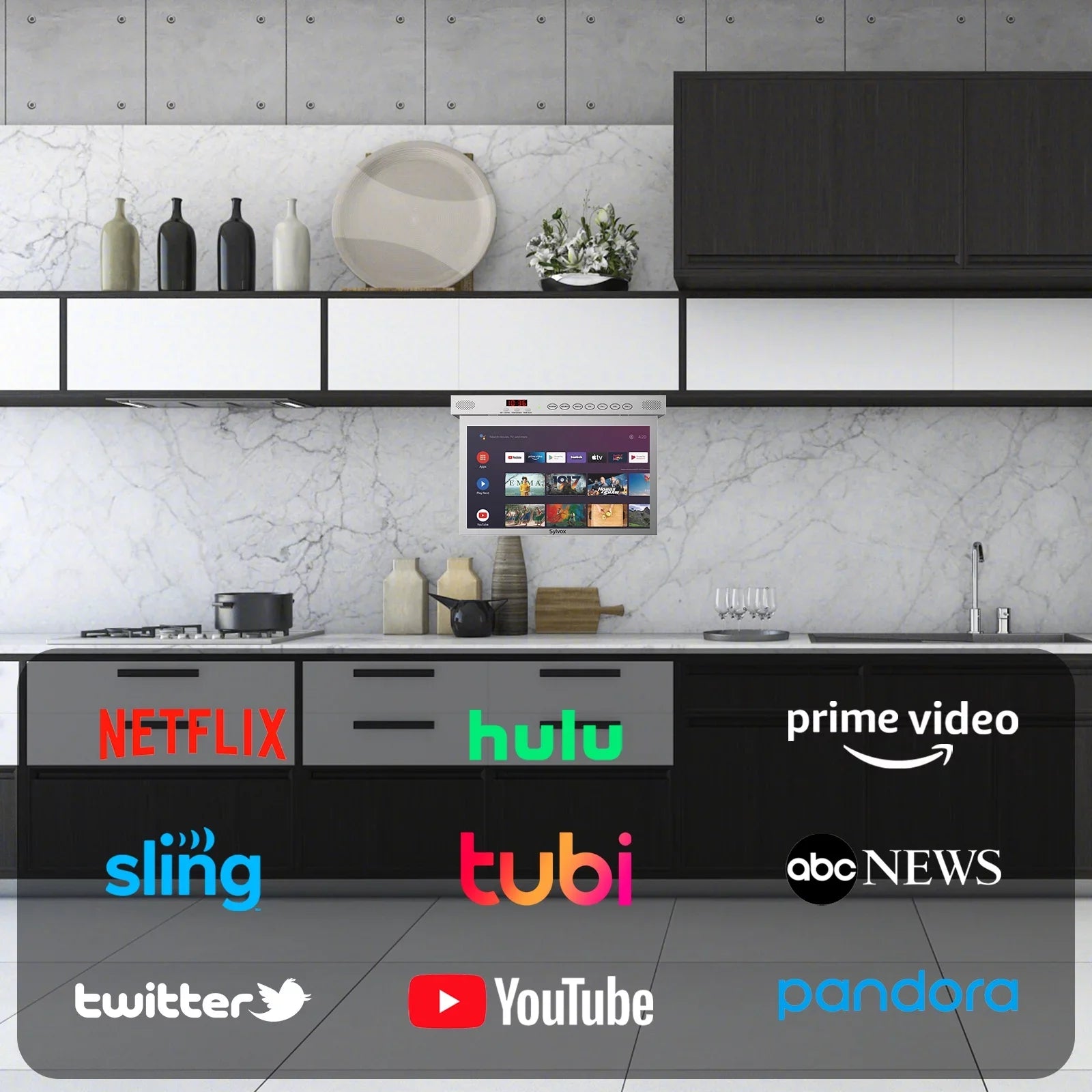 SYLVOX 15.6 inch Smart Kitchen TV, 1080P FHD Under Cabinet TV, Smart Android TV Built-in Google Play, Support Google Assistant WiFi Bluetooth(Silver）