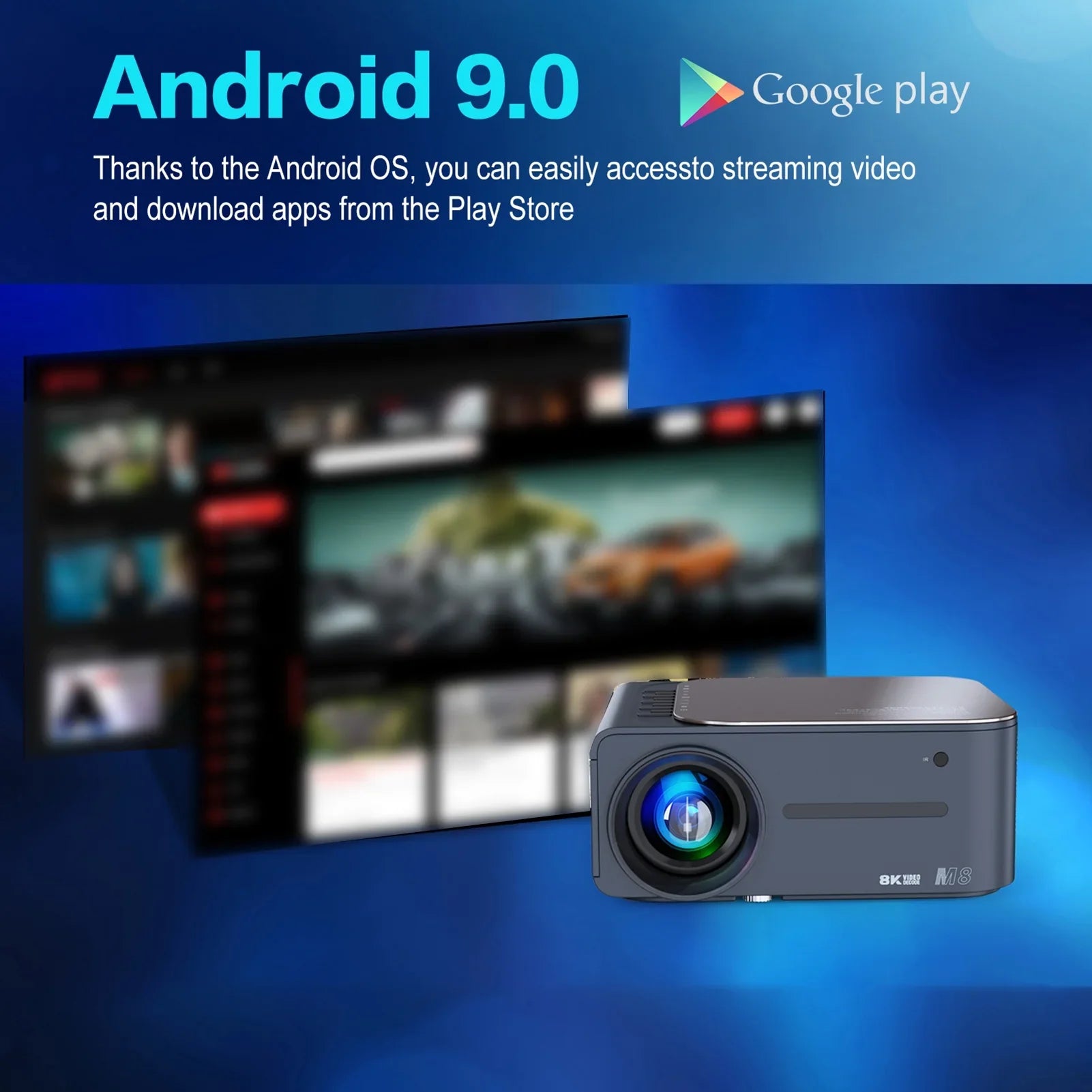 moobody Projector 8K HDR Ultra Clear 2.4G+5G WiFi BT5.0 Keystone Correction Android 9 80,inch Large Screen AI Intelligent Voice Control