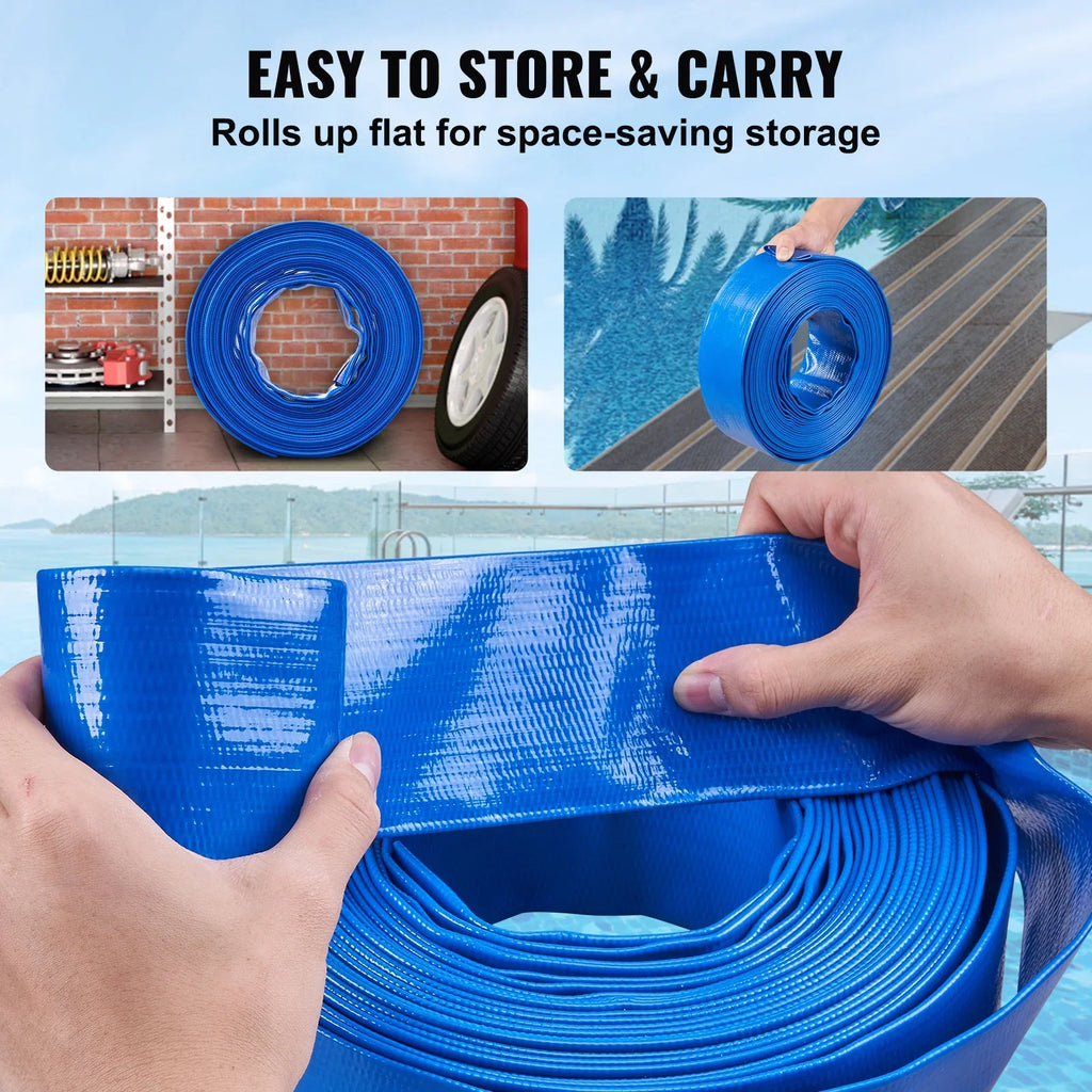 BENTISM Swimming Pool Filter Backwash Hose with Clamps 2'' x 50' Premium PVC Lay FLatitude Discharge Hose Blue Weather and Chemical Resistant