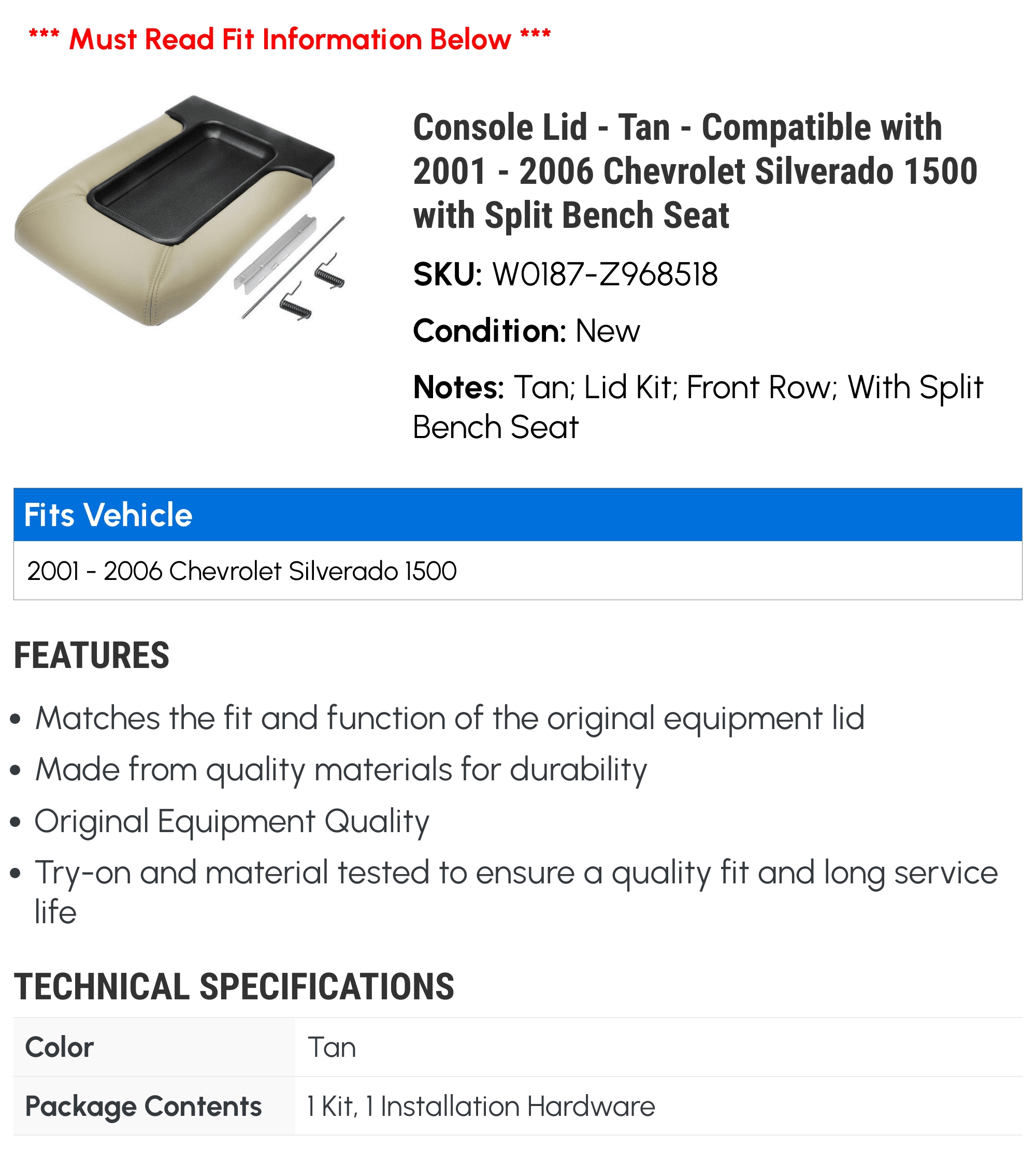 Console Lid - Tan - Compatible with 2001 - 2006 Chevy Silverado 1500 with Split Bench Seat 2002 2003 2004 2005