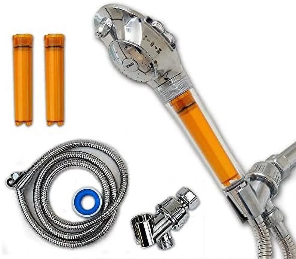 shower head with water filter by - 2 shower filters included - removes up to 99.9% of chlorine and chloramines - low flow premium pressure