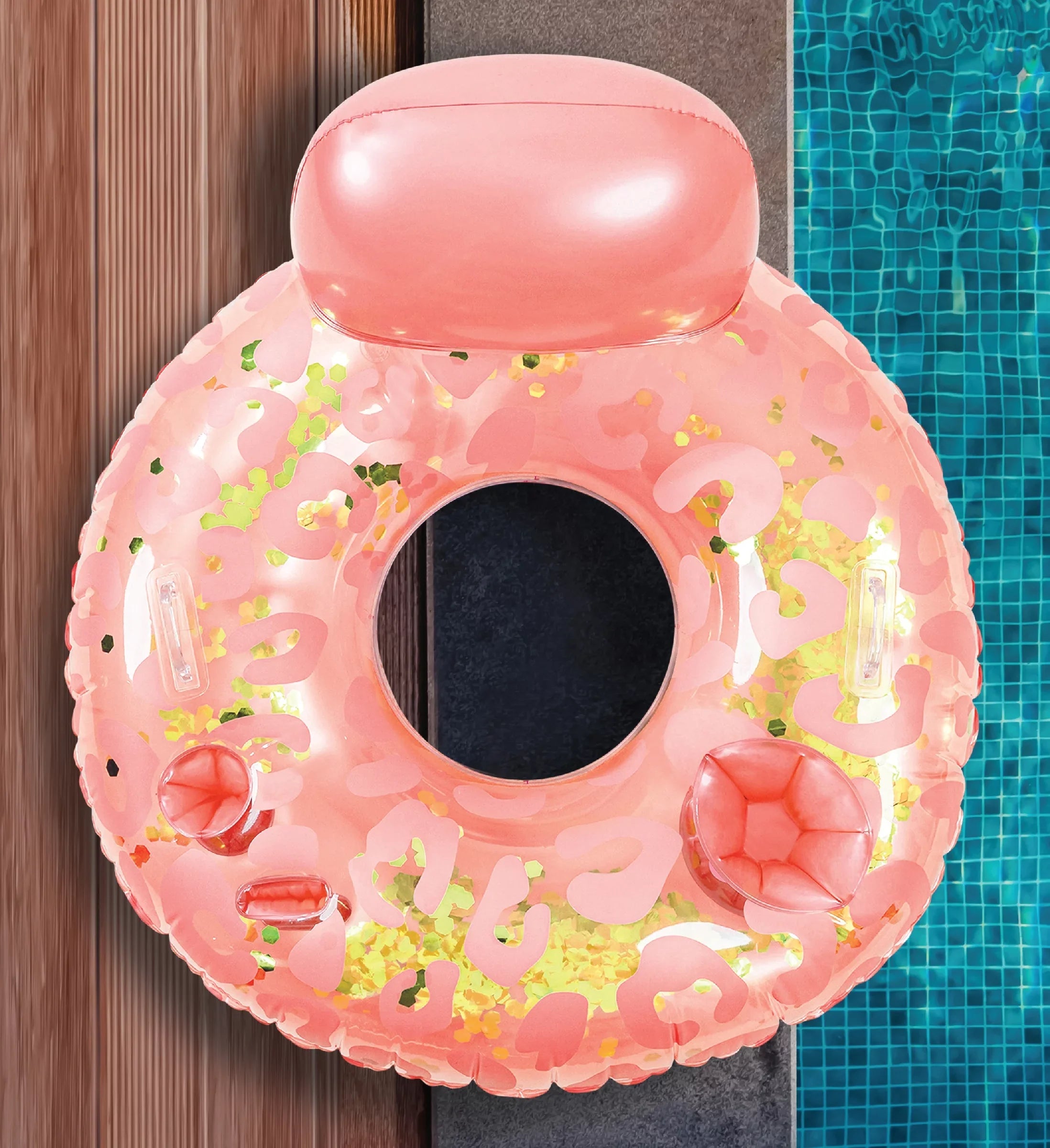 POZA InfLatitudeable Luxury Tubes with Back Rest - Rose Gold, Gold, Silver Sparkle Confetti Filled Luxurious Lounger, Thick Pool Float Tubes, Built in Phone and Cup Holder with Handles, 42 Inch, Pack of 3