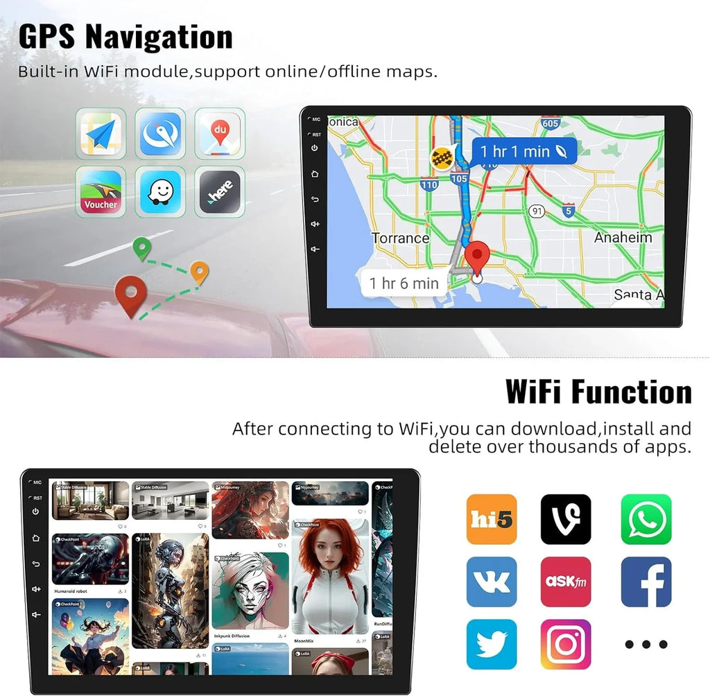 1G+32G Android Single Din Car Stereo with GPS Navigation Rimoody 10.1'' Touch Screen Car Radio with Bluetooth WiFi FM Mirror Link USB Head Unit + Backup Camera