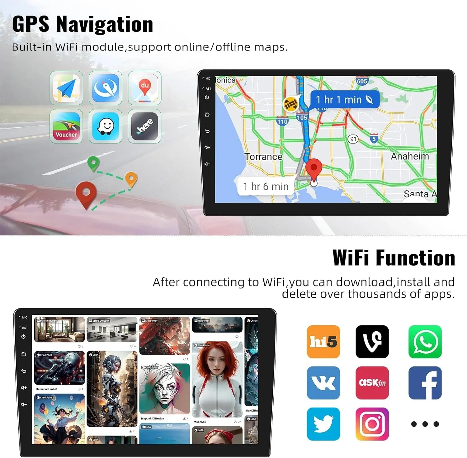 1G+32G Android Single Din Car Stereo with GPS Navigation Rimoody 10.1'' Touch Screen Car Radio with Bluetooth WiFi FM Mirror Link USB Head Unit + Backup Camera