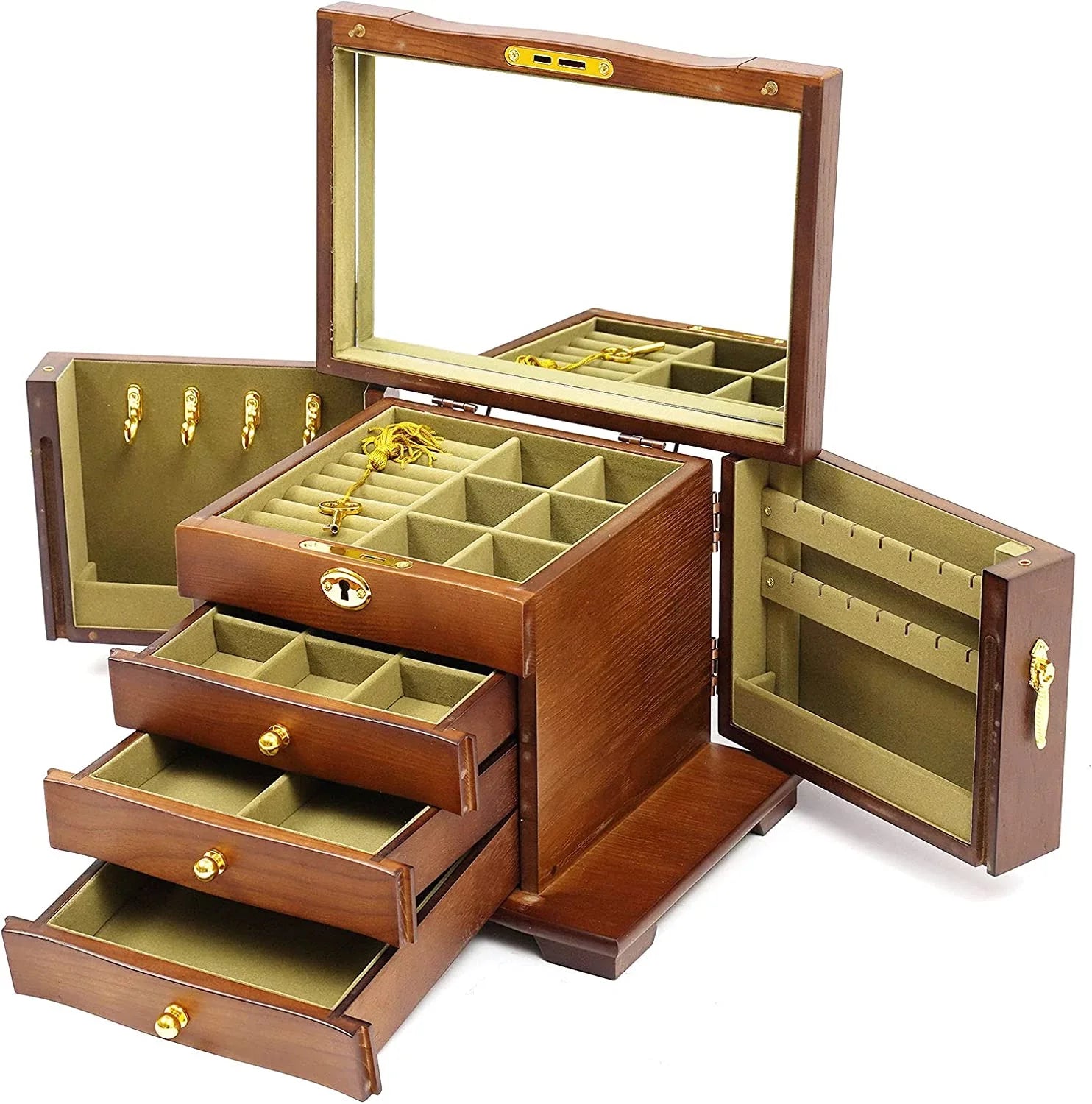 MONIPA 4 layers Wooden Gemstone Display Case Jewelry Storage Case W/ 4 Drawers and 2 Swing-out Cabinets