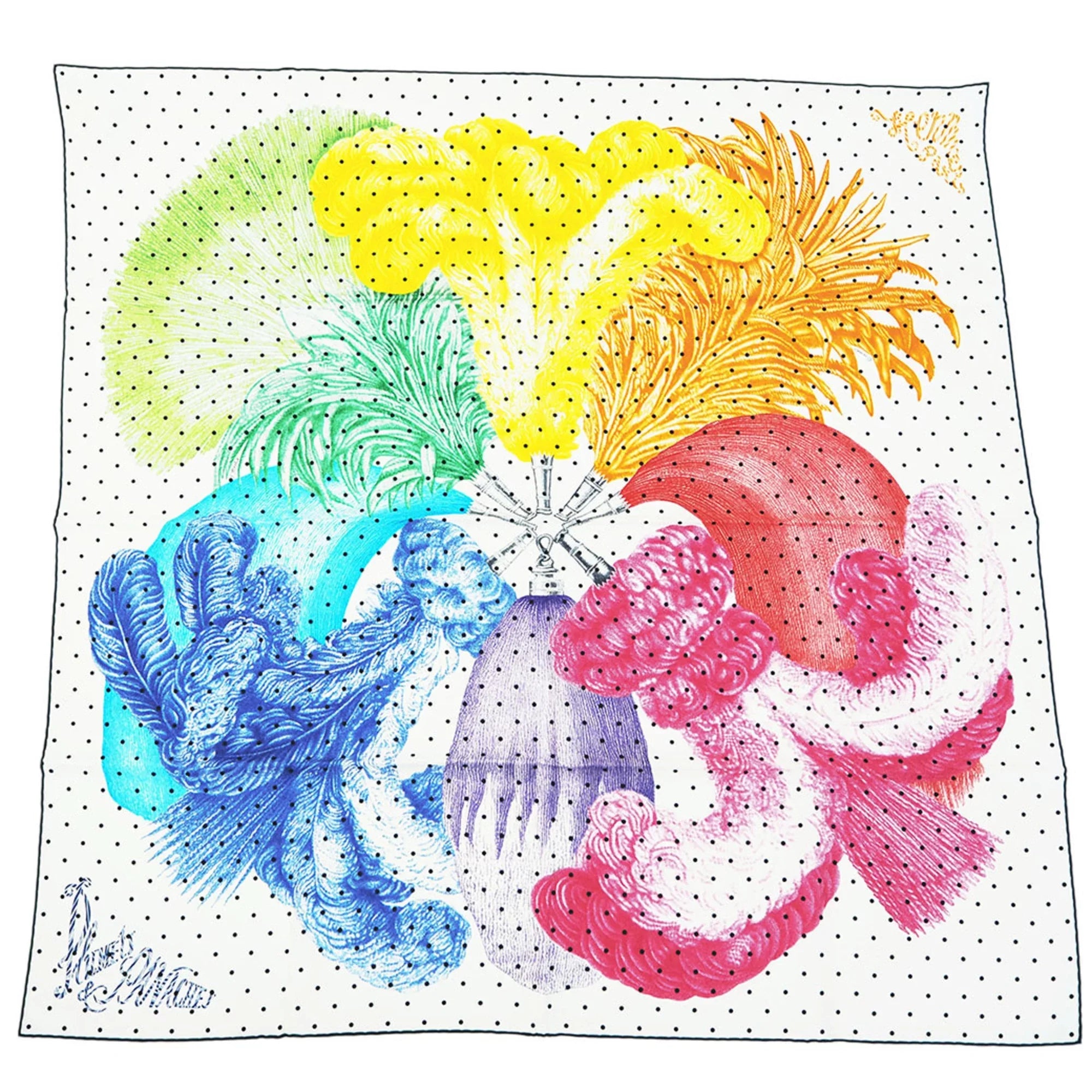 Pre-Owned Hermes HERMES Carre 90 Wings and PLUMETS ET PANACHES White Scarf Muffler H003851S01 (Like New)