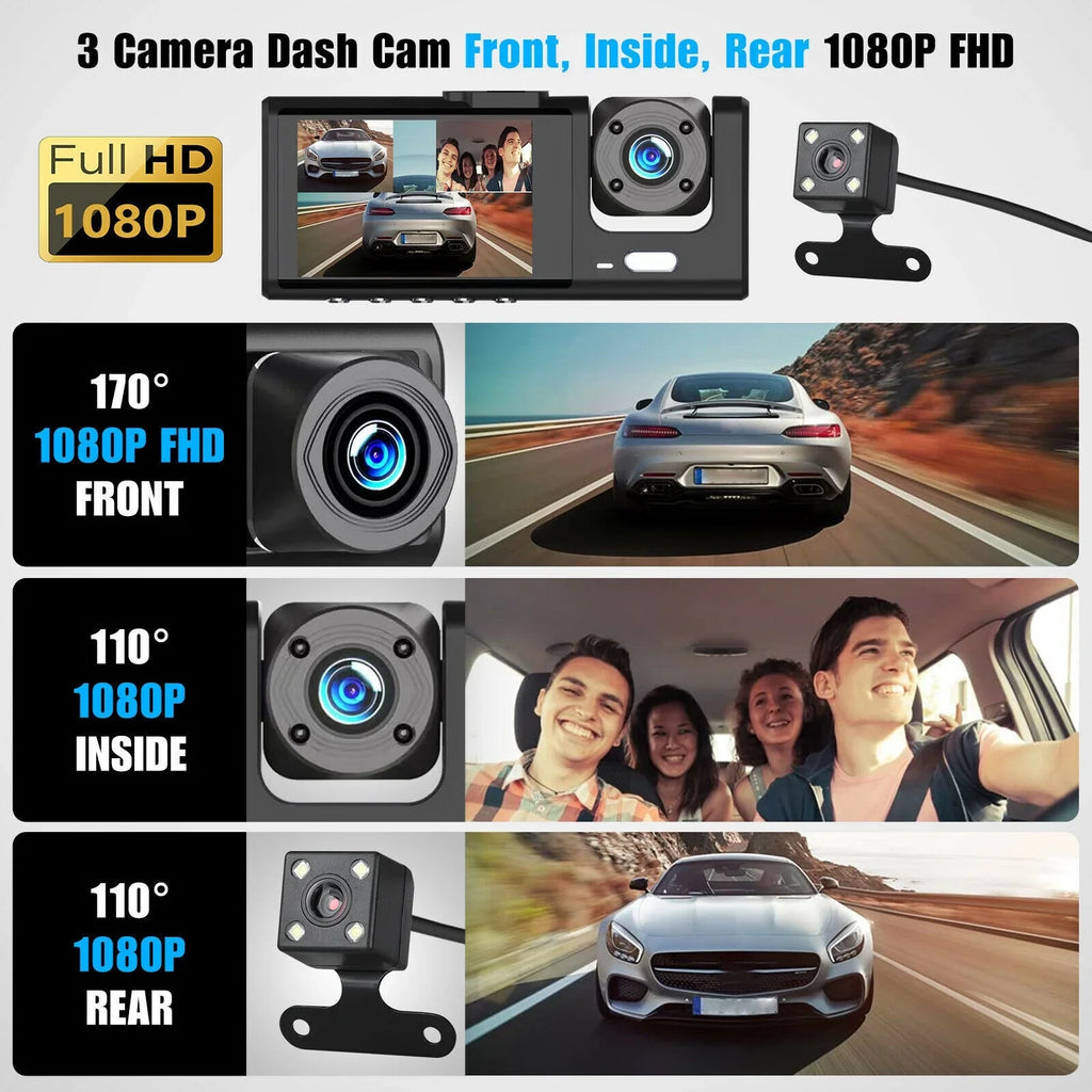 HD 1080P Car Dual Dash Cam,  Front/Rear/Inside Dual Lens Dash Camera,  Video Recorder Camera with G-sensor