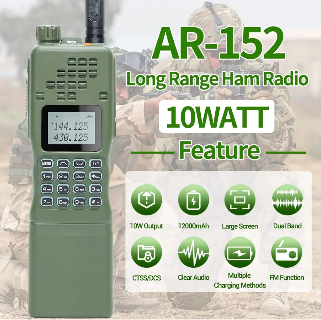 ABBREE AR-152 10W Powerful Ham Radio Portable Tactical Two Way Radio Long Range Walkie Talkie 12000mAh Battery with Extra Programming Cable Full Kits