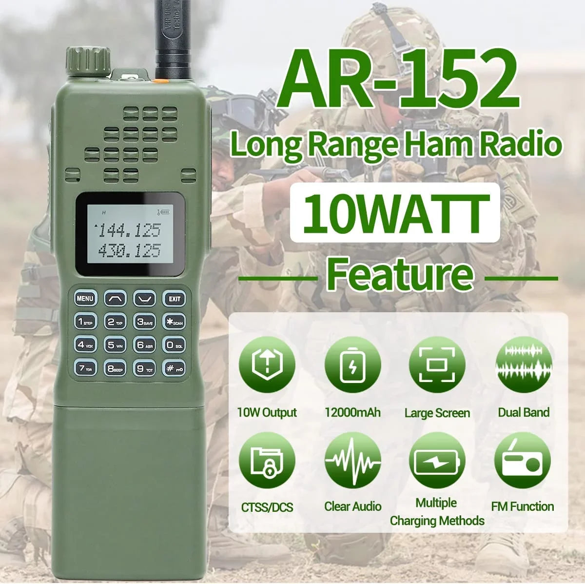 ABBREE AR-152 10W Powerful Ham Radio Portable Tactical Two Way Radio Long Range Walkie Talkie 12000mAh Battery with Extra Programming Cable Full Kits