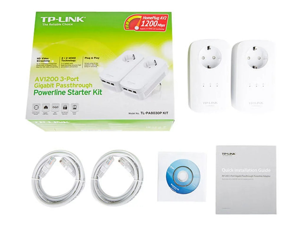 TP Link AV1200 3 Gigabit Port Pass Through Power Line Adapter Home Starter Kit