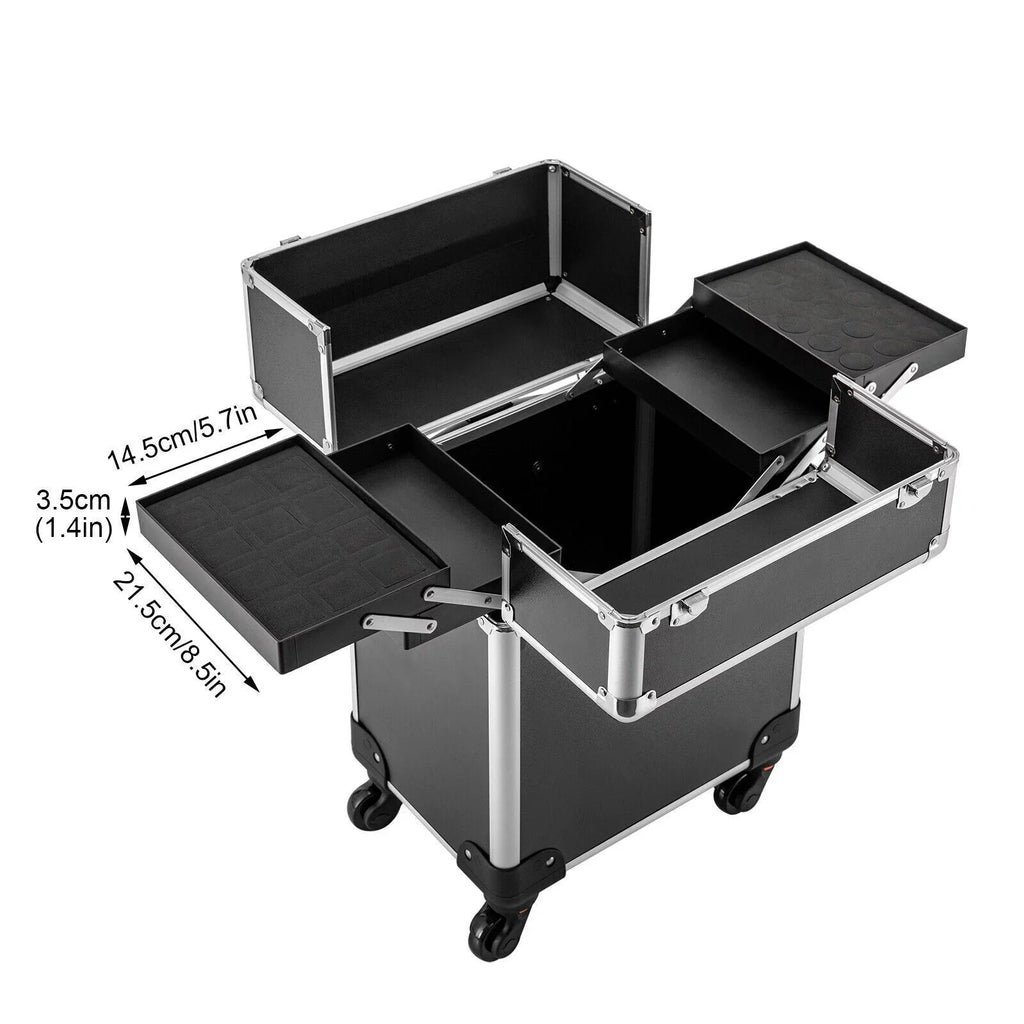 Rolling Lockable Makeup Train Case Hairdresser Trolley, Stylist Beauty Nail Salon Barber Case Cosmetic Luggage Travel Trunk Cart Organizer Tool Box with Swivel Wheels (Black)