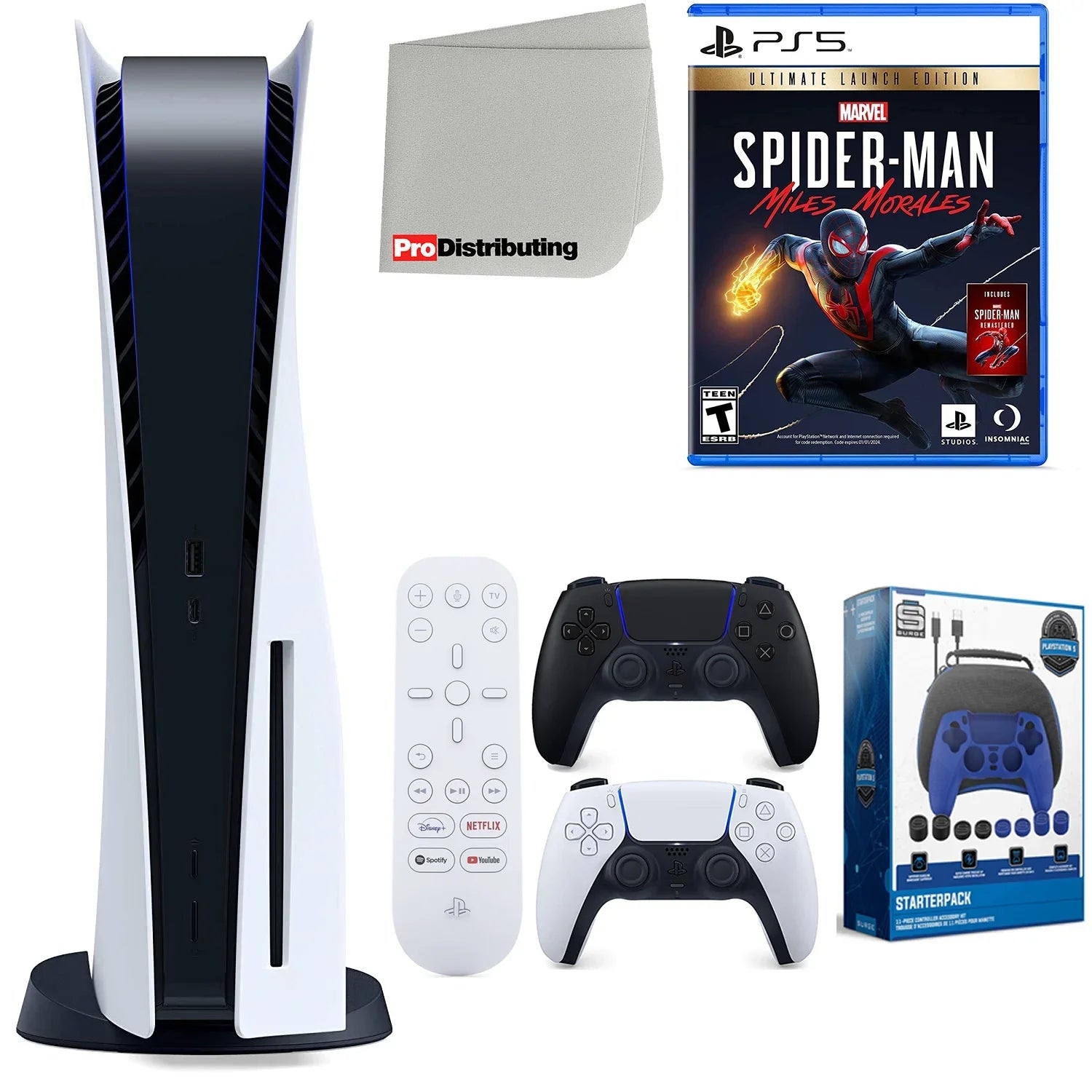 Playstation 5 Disc Version ( PS5 Disc) with Midnight Black Extra Controller, Media Remote, Spider-Man: Miles Morales Ultimate Launch Edition, Accessory Starter Kit and Cleaning Cloth Bundle