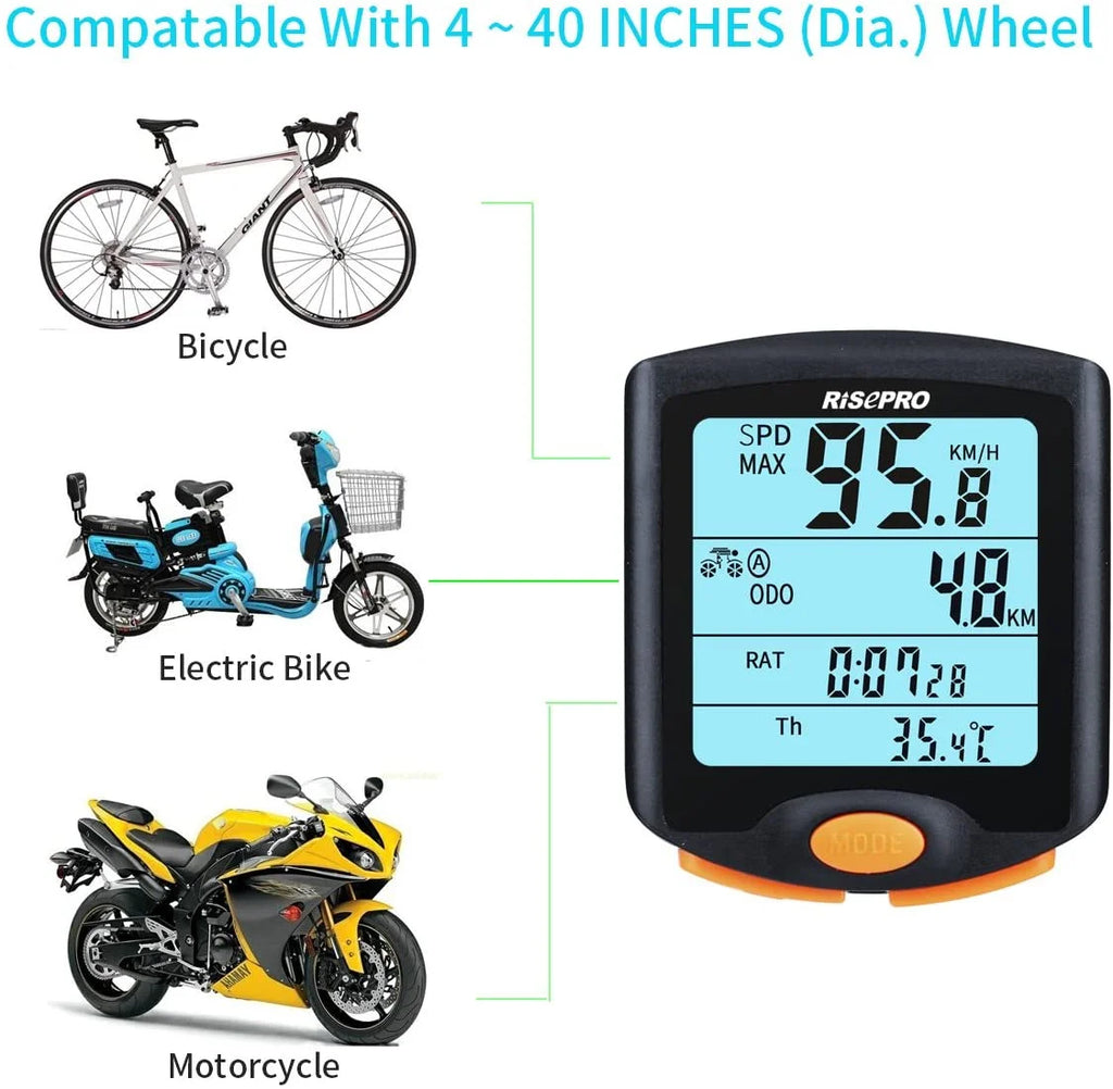RISEPRO Bike Computer, Wireless Bicycle Speedometer Bike Odometer Cycling Multi Function Waterproof 4 Line Display with Backlight YT-813