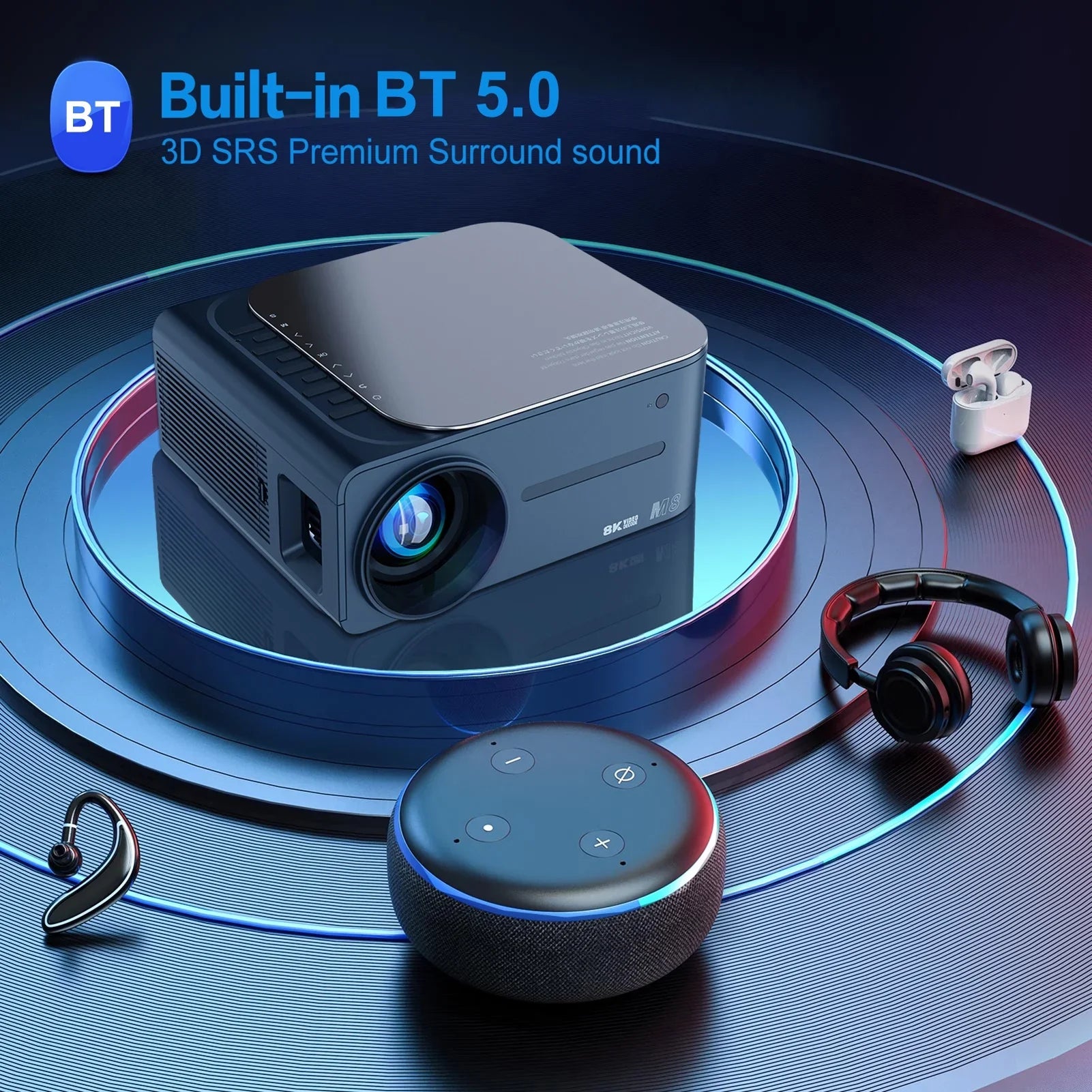 moobody Projector 8K HDR Ultra Clear 2.4G+5G WiFi BT5.0 Keystone Correction Android 9 80,inch Large Screen AI Intelligent Voice Control