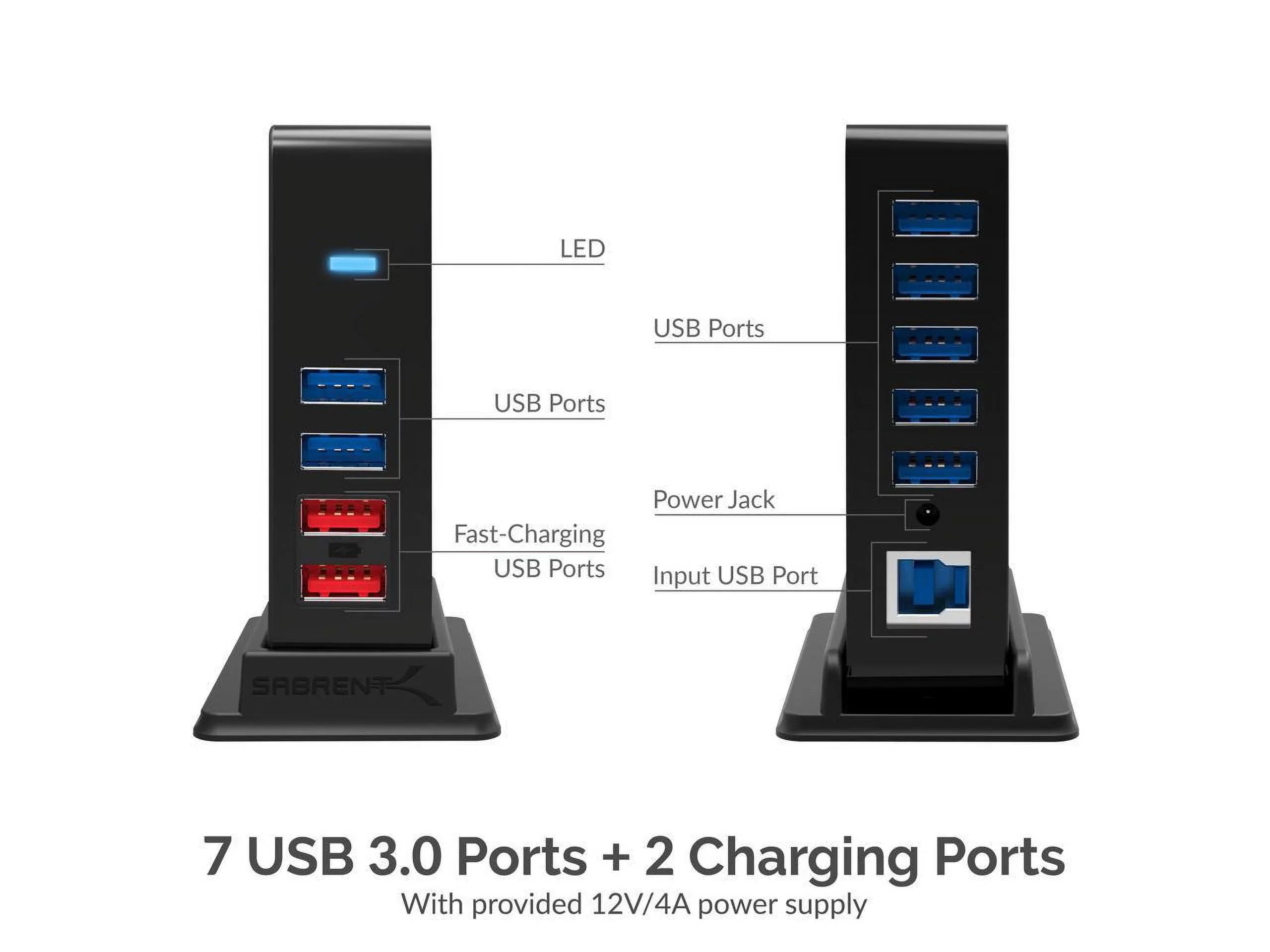 SABRENT 7 Port USB 3.0 HUB + 2 Charging Ports with 12V/4A Power Adapter [Black] (HB-U930)