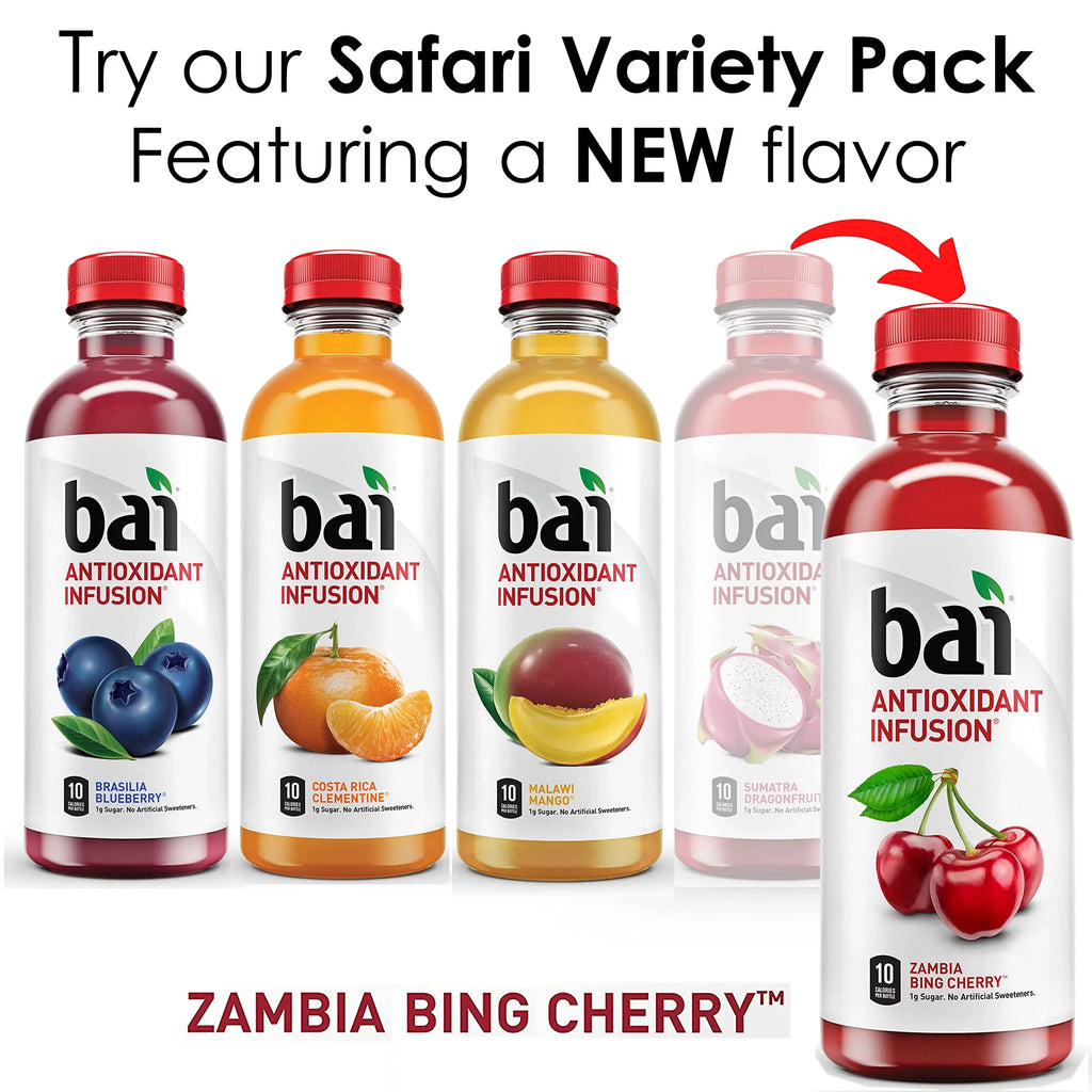 Bai Flavored Water, Safari Variety Pack, Antioxidant Infpre-owned Drinks, 3 Each of Brasilia Blueberry, Costa Rica Clementine, Malawi Mango, Zambia Bing Cherry,18 Fl Oz Bottles (Pack of 12)