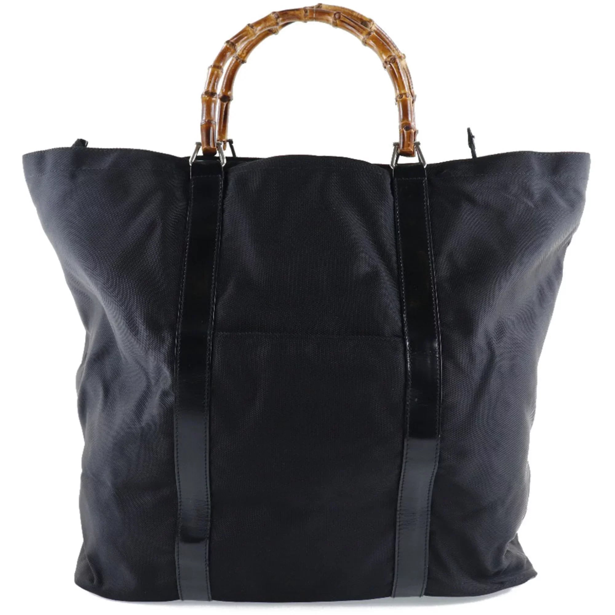 Pre-Owned GUCCI Gucci Bamboo Bag 002-2058-0412-5 Nylon Canvas x Leather Black Unisex Tote (Fair)