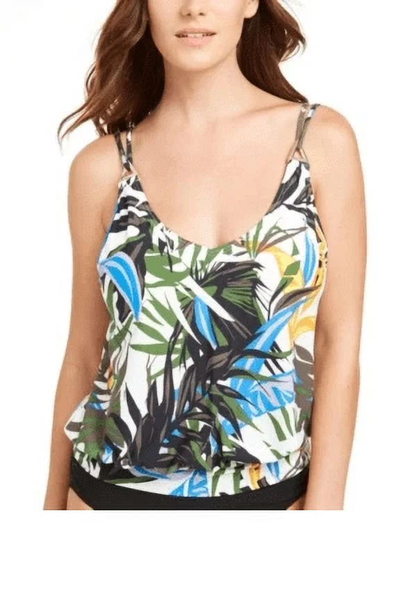 Calvin Klein OLIVE MULTI TROPIC RAINFOREST Blouson Tankini Swim top, US 2X-Large