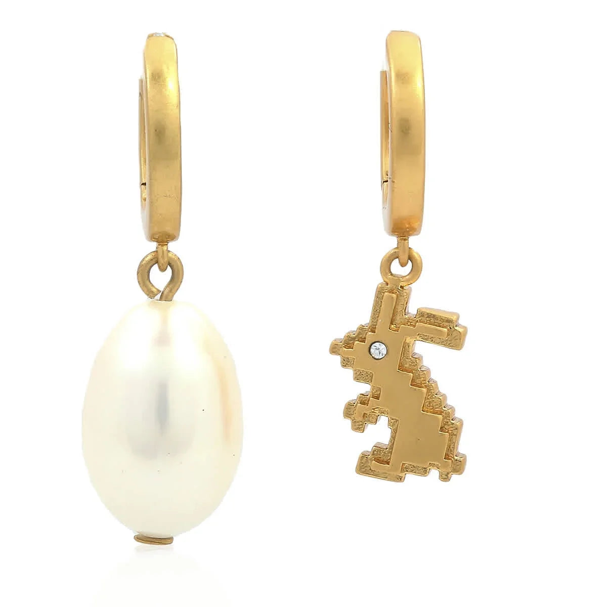 Tory Burch Pave Rabbit And Cultured Freshwater Pearl Mismatch Charm Hoop Earrings