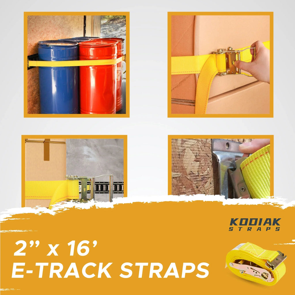 KODIAK STRAPS E Track Straps 2" x 16' Logistic Cargo Ratchet Straps, Trailer E Track Accessories, etrack Straps for Enclosed Trailer & Van (6 Pack)