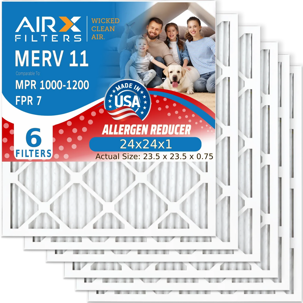 24x24x1 Air Filter MERV 11 Comparable to MPR 1000, MPR 1200 & FPR 7 Electrostatic Pleated Air Conditioner Filter 6 Pack HVAC Premium USA Made 24x24x1 Furnace Filters by AIRX FILTERS WICKED CLEAN AIR.