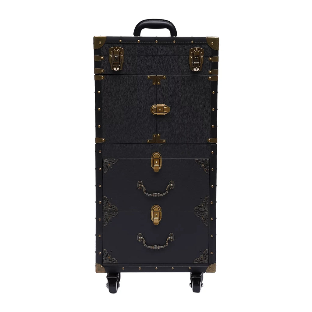 Miumaeov Rolling Lockable Makeup Train Case, Hairdressing Trolley Stylist Beauty Salon Cosmetic Luggage, Travel Organizer Tool Box with Hair Dryer Holder