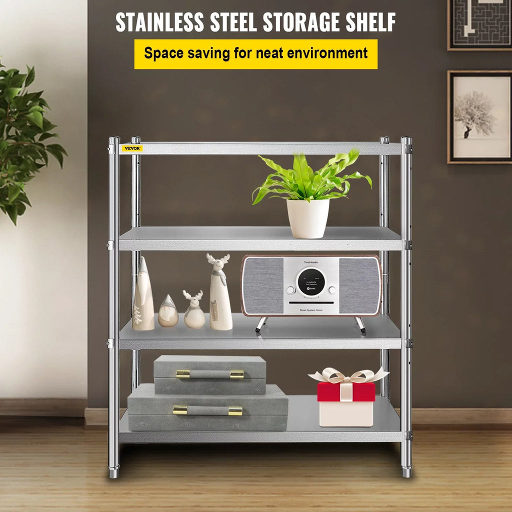 VEVORbrand 4-Tier Shelf Stainless Steel Shelving 330LB Capacity per Shelf Commercial Standing Shelf Unit  for Kitchen, Office, Garage Storage
