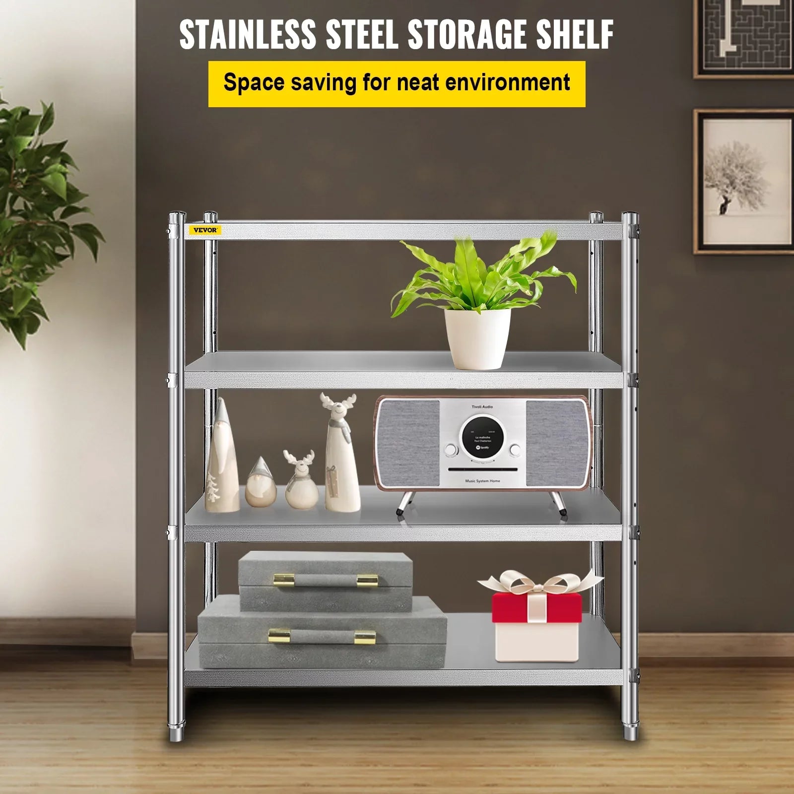 VEVORbrand 4-Tier Shelf Stainless Steel Shelving 330LB Capacity per Shelf Commercial Standing Shelf Unit  for Kitchen, Office, Garage Storage