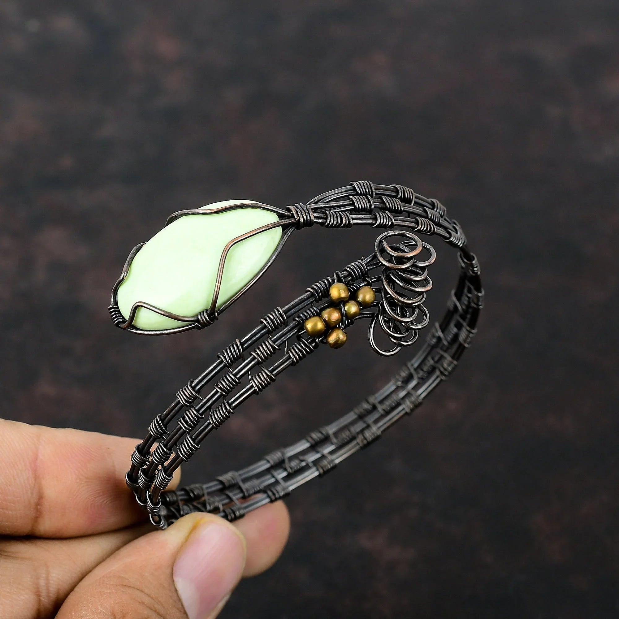 Lemon Chrysoprase Copper Wire Wrapped Cuff Bracelet Gemstone Adjustable Bangle