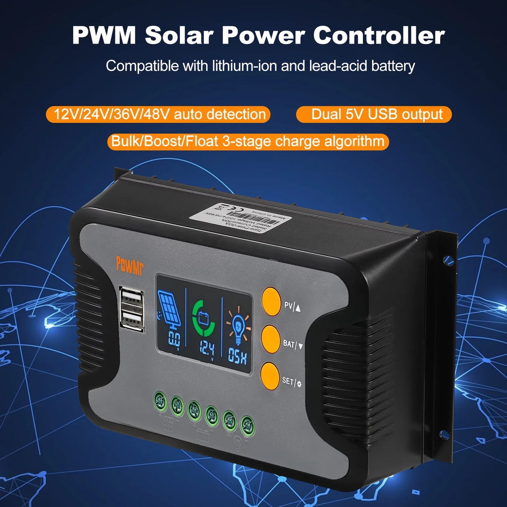 Vistreck 30A Solar Power Controller PWM Battery Charging Controller 12V-48V Battery Solar Charge Controller with Bulk/Boost/Float Charge LCD Display 12V/24V/36V/48V Auto Detection Dual 5V USB Output