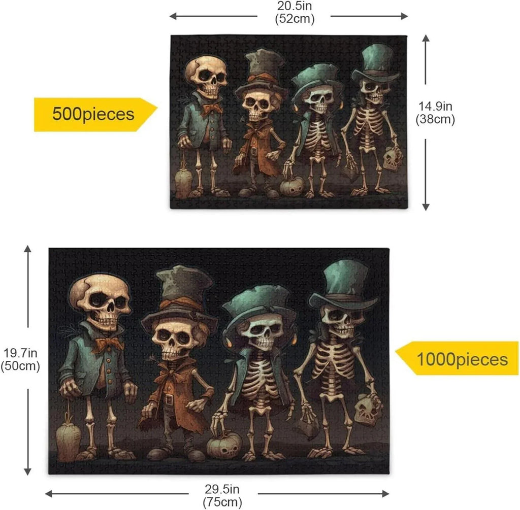 Dreamtimes 500 PCS Wooden Jigsaw Puzzle Halloween Skeleton Print, Zigsaw with Alphabet Partition Storage Bag, Puzzle for Adults, Challenging Brain Exercise Family Game Gift for Kids Friends Parents