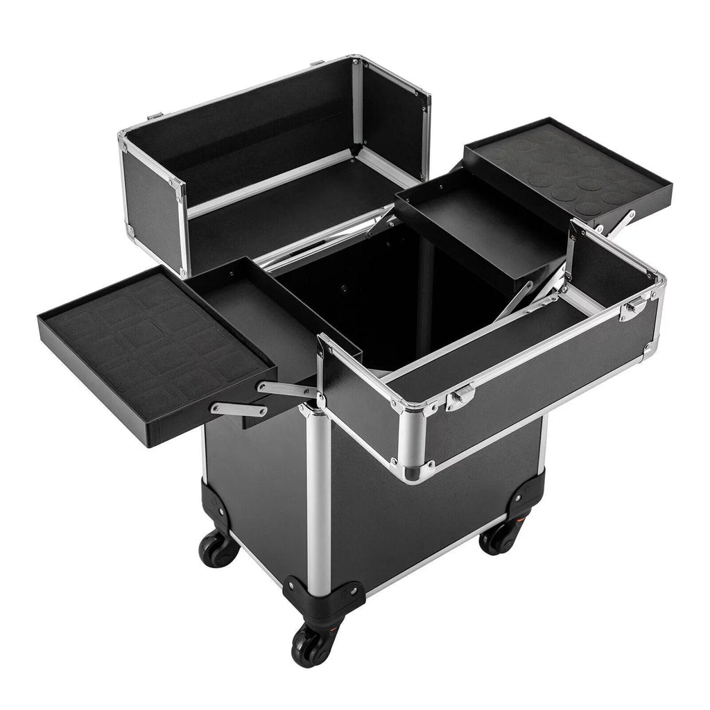 Rolling Lockable Makeup Train Case Hairdresser Trolley, Stylist Beauty Nail Salon Barber Case Cosmetic Luggage Travel Trunk Cart Organizer Tool Box with Swivel Wheels (Black)
