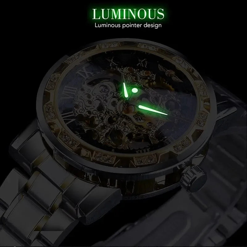 Men Mechanical Skeleton Wrist Watch 1pc Silver Exquisite Diamond Gear Movement Business Luxury Gift Gold White