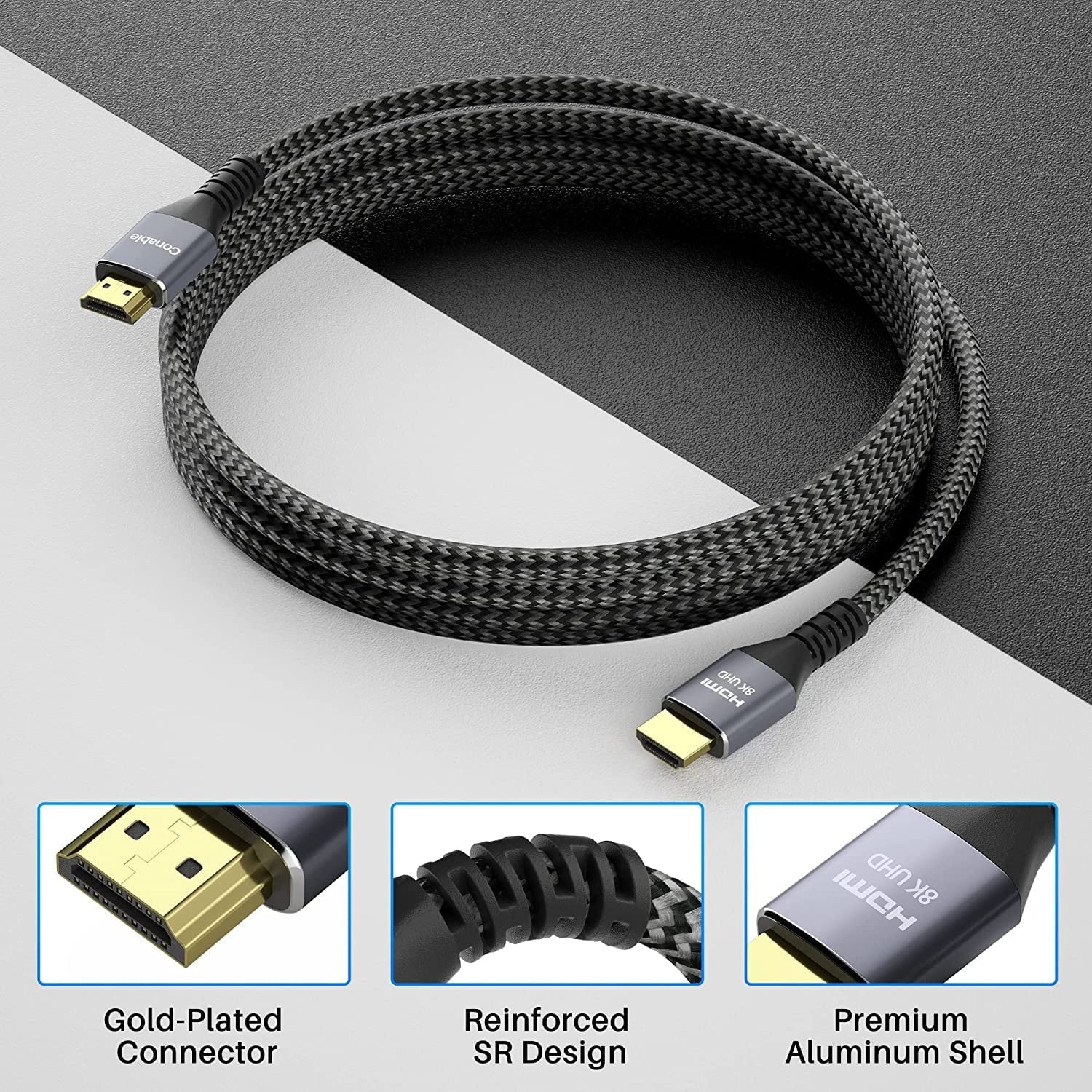 Short 8K HDMI 2.1 Certified Cable 2 Feet (2 Pack) 48Gbps High Speed Ultra HD Braided Cord, 8K@60Hz 4K@120Hz eARC HDR