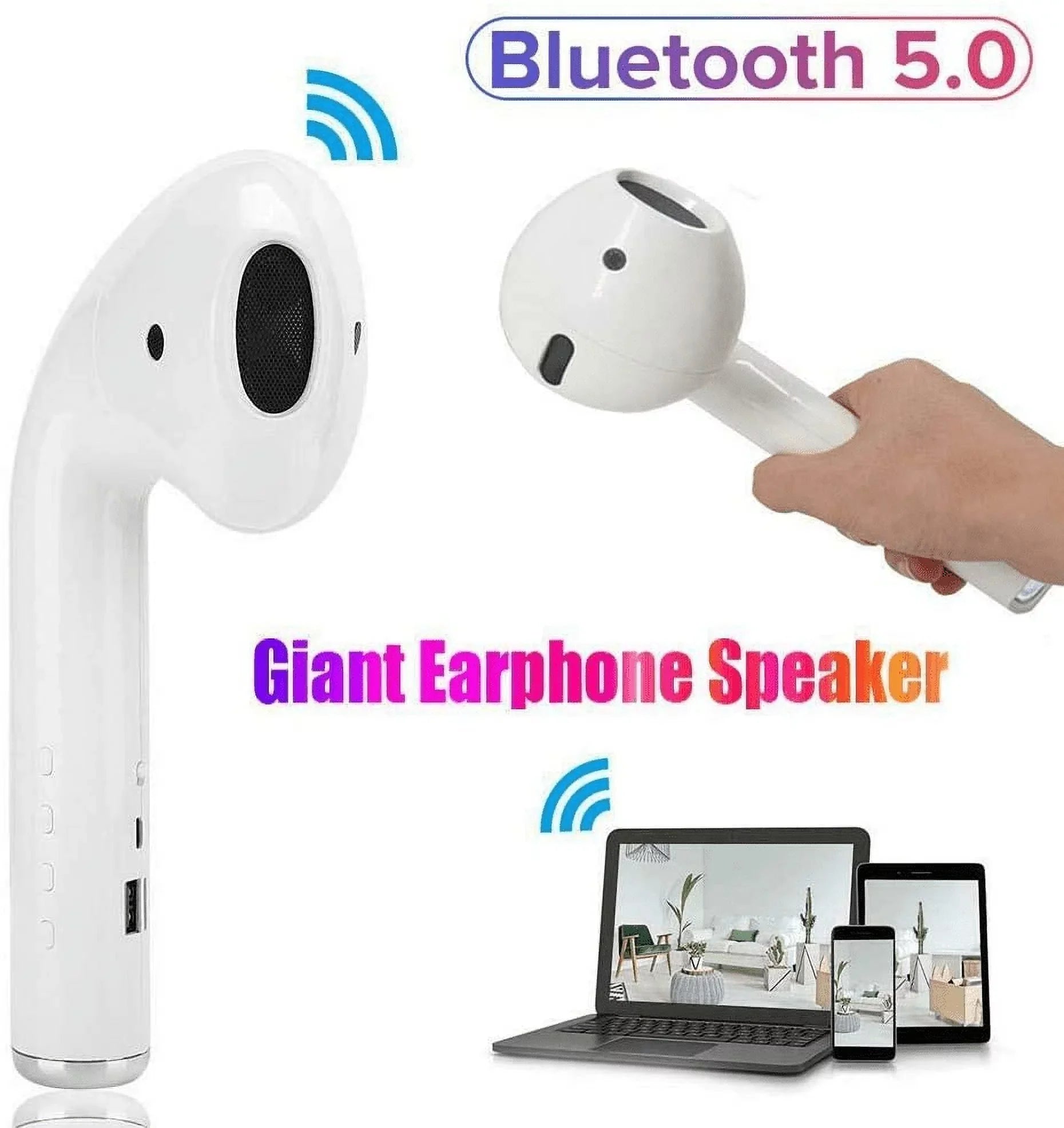 Giant Headset Speaker Wireless Bluetooth 5.0 3D Stereo Music Portable Giant Loudspeaker for Party, Travel, Indoor, Outdoor, w/Built-in Mic, TF Aux Cable and SD Card Slot(White)