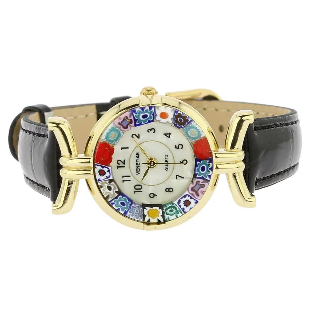 GlassOfVenice Murano Glass Millefiori Watch with Leather Band - Black Multicolor
