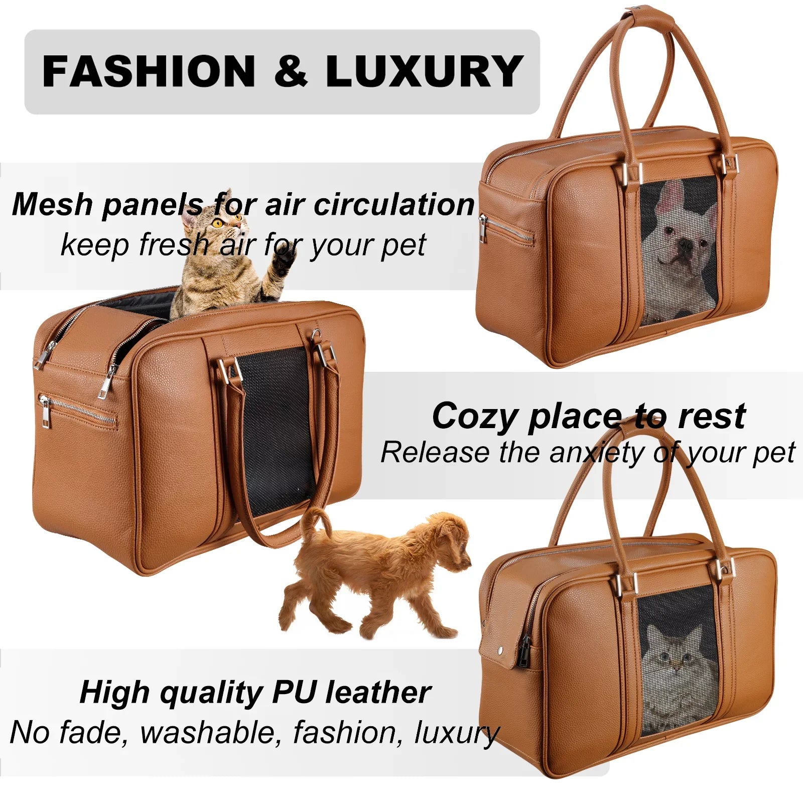 Fashion Dog Purse Carrier for Small Dogs with 2 Extra Pockets, Holds Up to 10lbs Pu Leather Cloth Pet Carrier, Cat Carrier, Airline Approved Puppy Purse Carrier for Travel (Brown, Small Size)