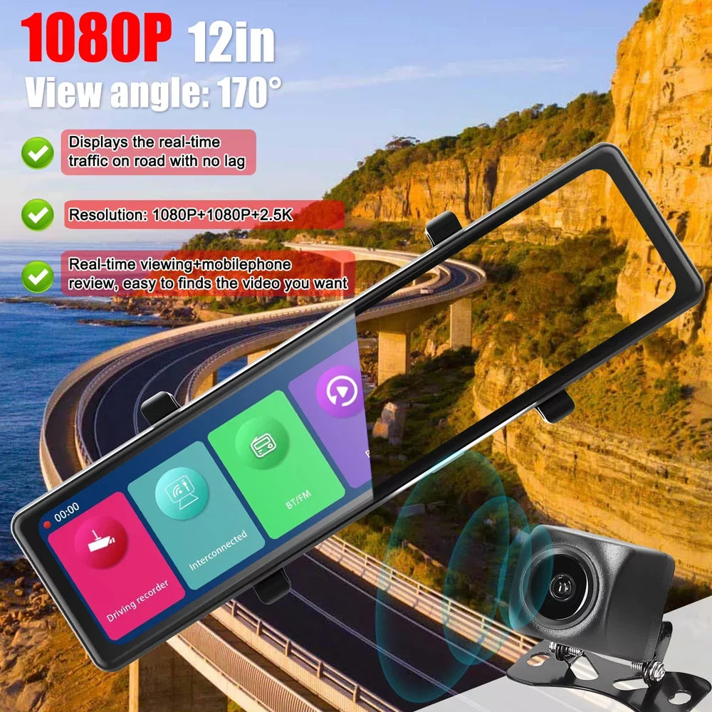 Gecheer 3 Cameras Dash Cam 12in 2.5K Clear Car Rearview Mirror  Car Video Recording  Touched Screen Car  Recorder Auto Driving Recorder