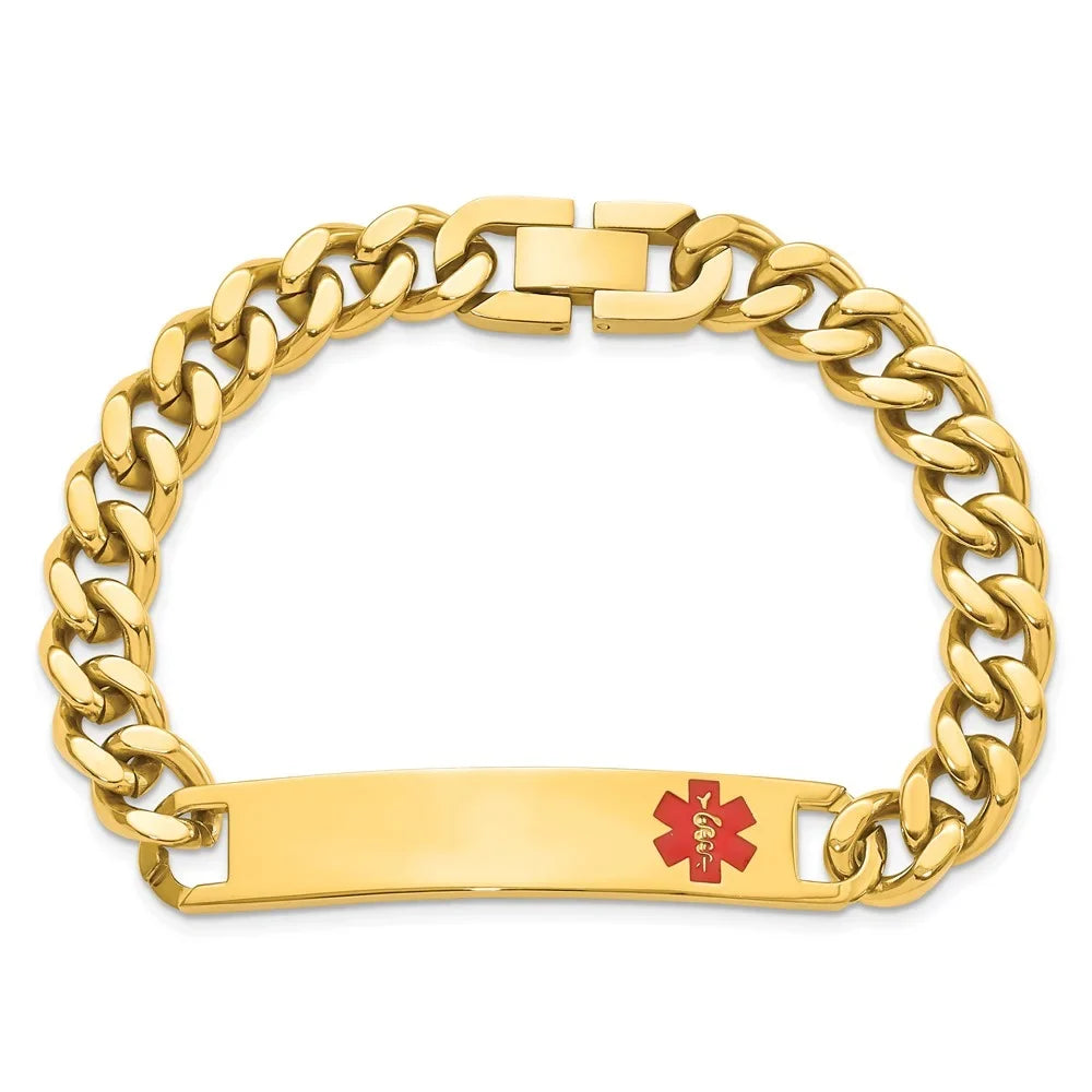 Stainless Steel Bracelet Medical Curb Kelly WatersT 10 mm 8.25 in Waters Yellow PVD PLatitudeed Red Epoxy ID Engravable