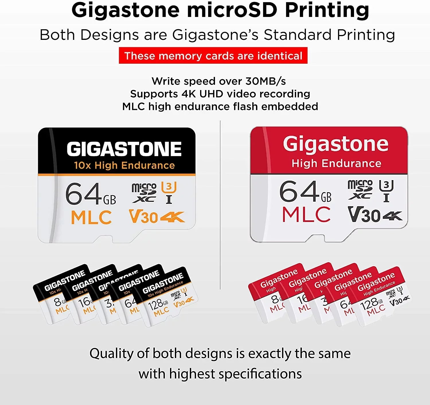 Gigastone 64GB MLC Micro SD Card, 10x High Endurance (MLC) 4K Video Recording, Security Cam, Dash Cam, Surveillance Compatible 100MB/s, U3 C10, 2 Pack (2x64GB)