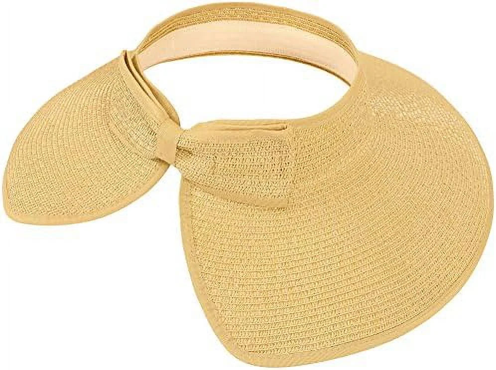 Roll Up Wide Brim Straw Sun Hat Visor Ribbed_Beige