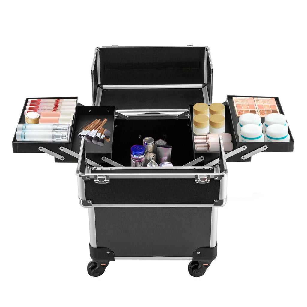 Rolling Lockable Makeup Train Case Hairdresser Trolley, Stylist Beauty Nail Salon Barber Case Cosmetic Luggage Travel Trunk Cart Organizer Tool Box with Swivel Wheels (Black)