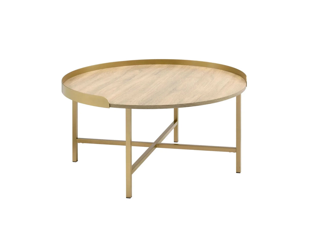 HomeRoots 490508 18 x 34 x 34 in. Gold & Oak Manufactured Wood & Metal Round Coffee Table