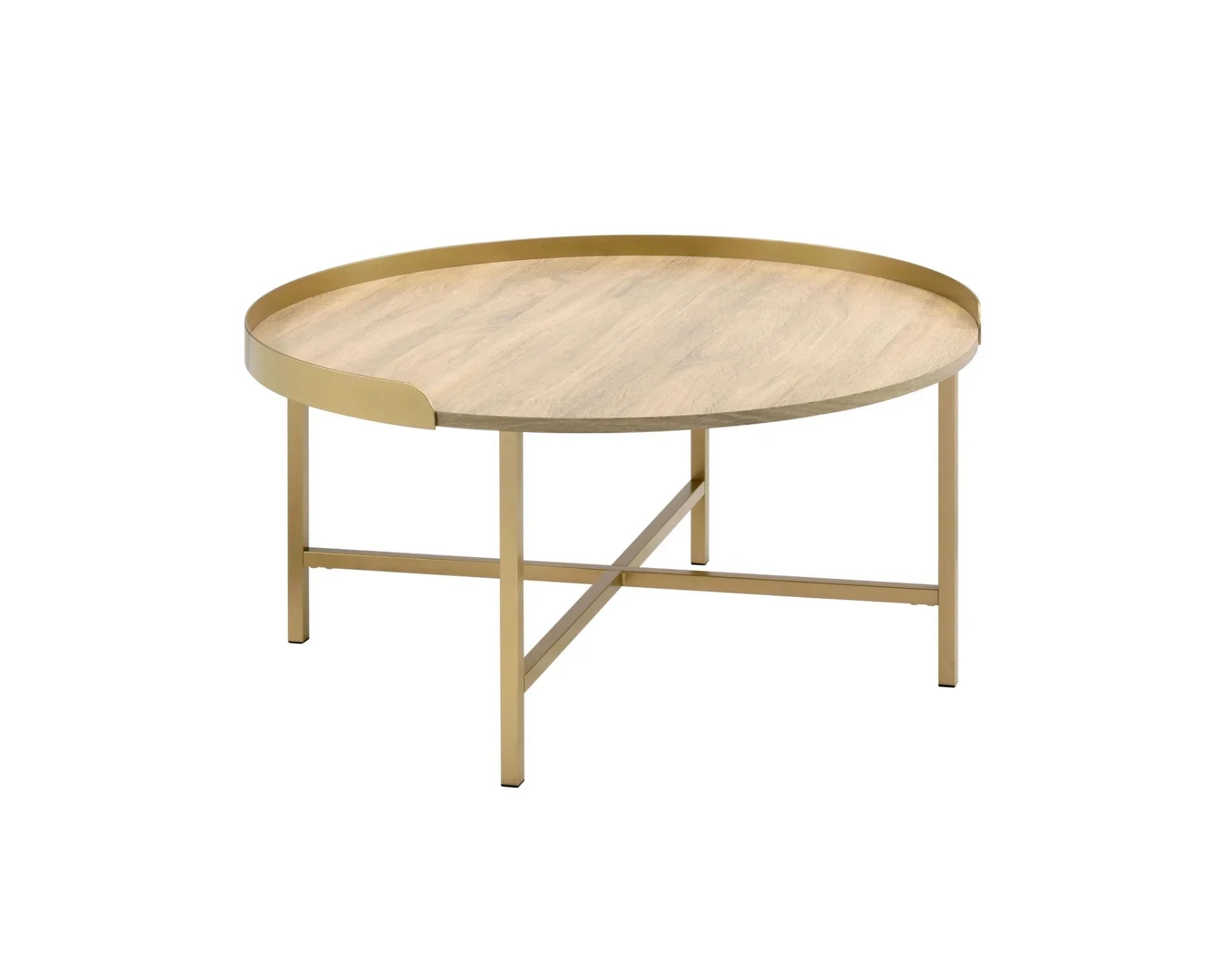 HomeRoots 490508 18 x 34 x 34 in. Gold & Oak Manufactured Wood & Metal Round Coffee Table