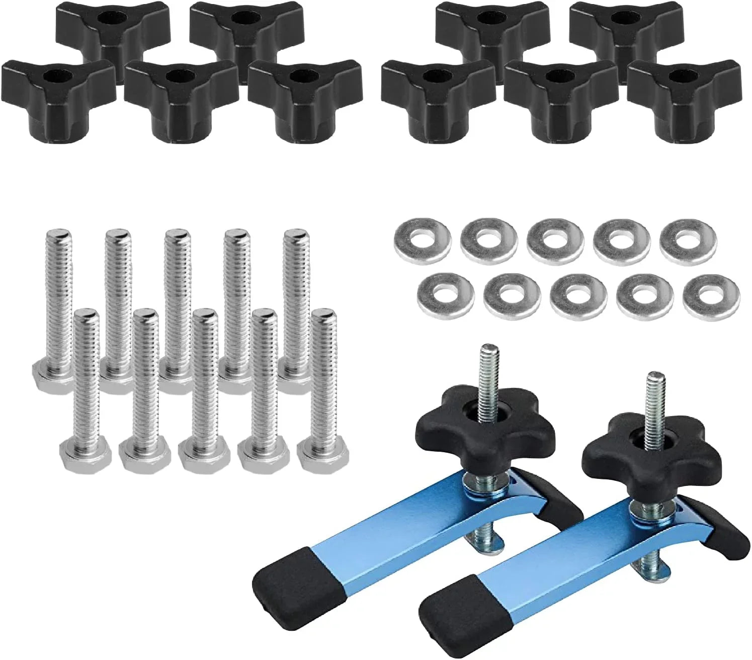 POWERTEC T Track Knob Kit w/Hold Down Clamps, (Set of 10) 1/4-20 x 1-1/2" Hex Bolts and Washers, 2x5-1/2" L Hold Down Clamps, T Track Kit, T Track Accessories for Woodworking Jigs and Fixtures (71846)