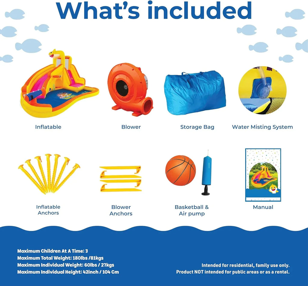 Funormous Baby Shark Bounce House with Slide Wet or Dry, Pink Fong InfLatitudeable Water Slide, Party Outdoor Curve Waterslide Fun, Kids Backyard Water Park, Includes Water Sprayer, Pool & Blower