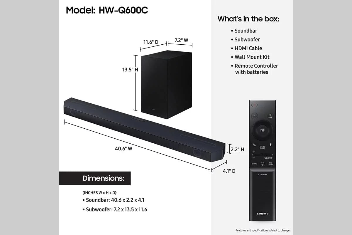 HW-Q600C 3.1.2ch Soundbar and Subwoofer with Dolby Atmos with a Walts TV SOUNDBAR-MOUNT for Compatible Soundbars Under 15lb (2023)